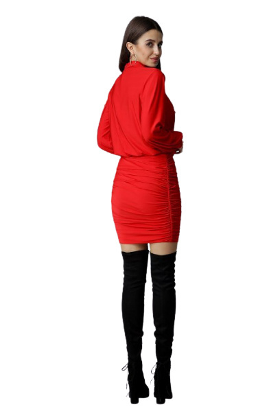 Sukienka Mini Długi Szeroki Rękaw Marszczenia Z Tyłu Zamek - czerwona